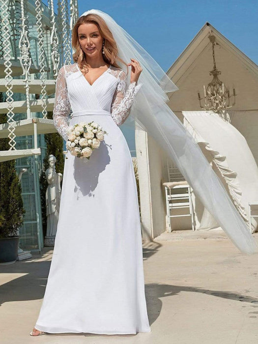 White Simple Wedding Dress Lace V-Neck Long Sleeves Lace Chiffon Pleat Bridelily White Simple Wedding Dress Lace V-Neck Long Sleeves Lace Chiffon Pleat Bridelily