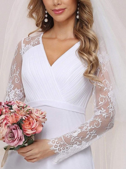 White Simple Wedding Dress Lace V-Neck Long Sleeves Lace Chiffon Pleated A-Line Long Bridal Gowns