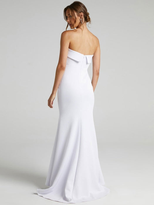 White Simple Wedding Dress Mermaid Brush Train Zipper Strapless Polyester Bridal Gowns