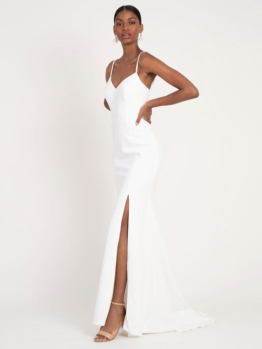 White Simple Wedding Dress Mermaid V-Neck Sleeveless Spaghetti Straps Natural Waist Satin Fabric Split Front Bridal Gowns