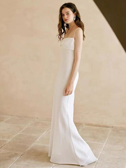White Simple Wedding Dress Polyester Designed Neckline Spaghetti Straps Bows Polyester Sheath Floor-Length Bridal Dresses