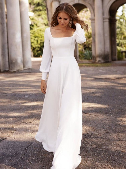 White Simple Wedding Dress Satin Fabric Square Neck Long Sleeves A-Line Floor Length Bridal Gowns