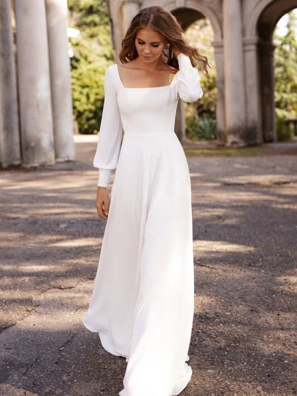 White Simple Wedding Dress Satin Fabric Square Neck Long Sleeves A-Line Floor Length Bridal Gowns