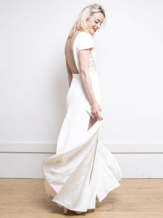 White Simple Wedding Dress Satin Fabric V-Neck Short Sleeves Backless Split Front A-Line Long Bridal Dresses