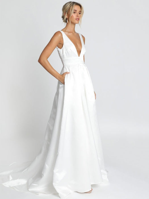 White Simple Wedding Dress Satin Fabric V-Neck Sleeveless Backless A-Line Bridal Dresses