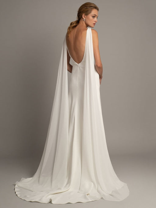 White Simple Wedding Dress Satin Fabric V-Neck Sleeveless Ruffles A-Line Long Bridal Gowns
