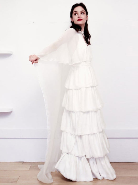 White Simple Wedding Dress Satin Fabric V-Neck Sleeveless Ruffles A-Line Long Chiffon Bridal Dresses