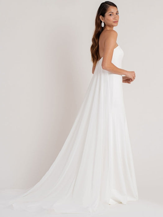 White Simple Wedding Dress Sheath Strapless Sleeveless Buttons Chapel Train Matte Satin Bridal Dresses