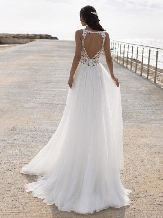White Simple Wedding Dress V-Neck Sleeveless Backless Natural Waist Lace Chiffon A-Line Long Bridal Dresses