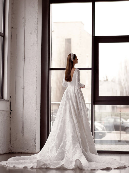 A-Line Jewel Neck Long Backless Bridal Gowns-Bridelily A-Line Jewel Neck Long Backless Bridal Gowns-Bridelily