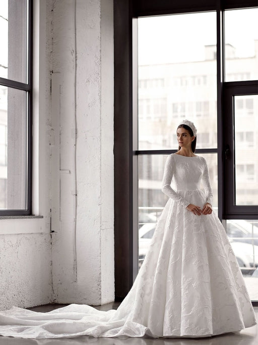 White Simple Wedding Dress With Train A-Line Jewel Neck Long Backless Sleeves Satin Fabric Bridal Gowns