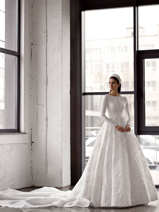 A-Line Jewel Neck Long Backless Bridal Gowns-Bridelily A-Line Jewel Neck Long Backless Bridal Gowns-Bridelily