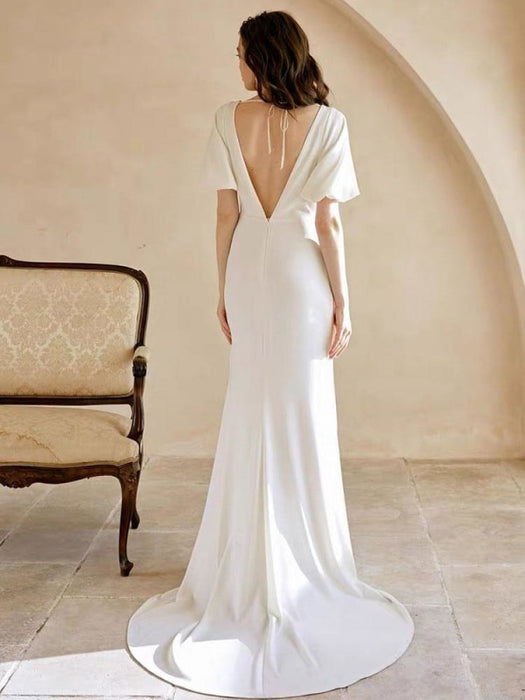 White Simple Wedding Dress With Train A-Line Mermaid V-Neck Short Sleeves Polyester Bridal Dresses