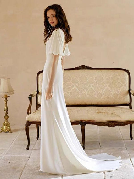 White Simple Wedding Dress With Train A-Line Mermaid V-Neck Short Sleeves Polyester Bridal Dresses