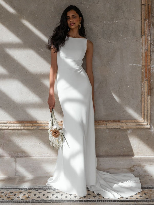 White Simple Wedding Dress With Train Bateau Neck Sleeveless
