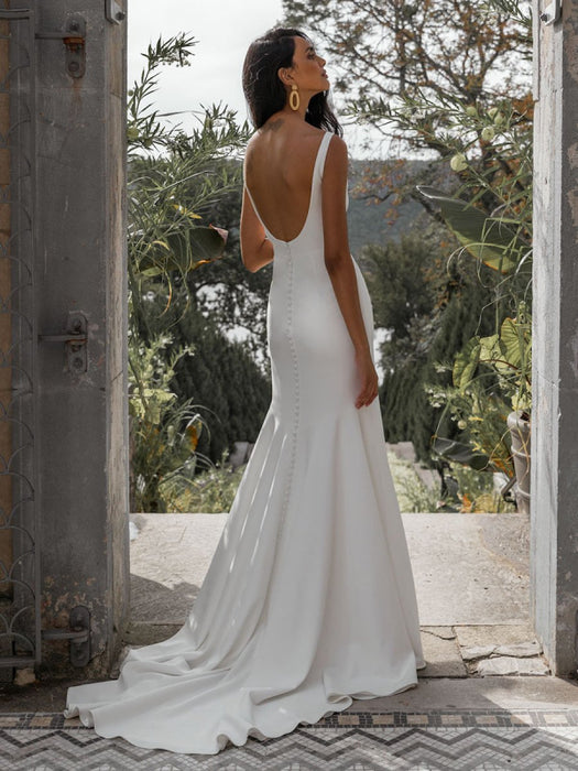 White Simple Mermaid Wedding Dress Bateau Neck -Bridelily White Simple Mermaid Wedding Dress Bateau Neck -Bridelily