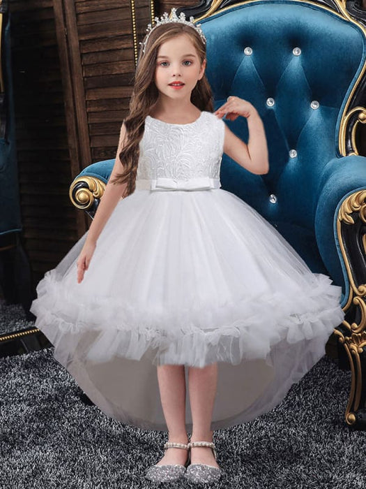 White Sleeveless Flower Girl Dresses With Train A-Line Embroidered Hi- Bridelily White Sleeveless Flower Girl Dresses With Train A-Line Embroidered Hi- Bridelily
