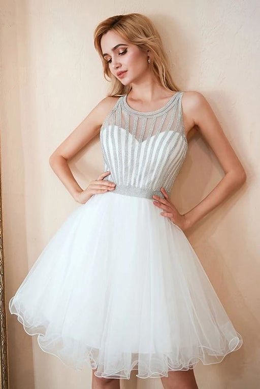 White Sleeveless Puffy Tulle Homecoming Dresses Cheap A Line Short Prom Gown - Prom Dresses