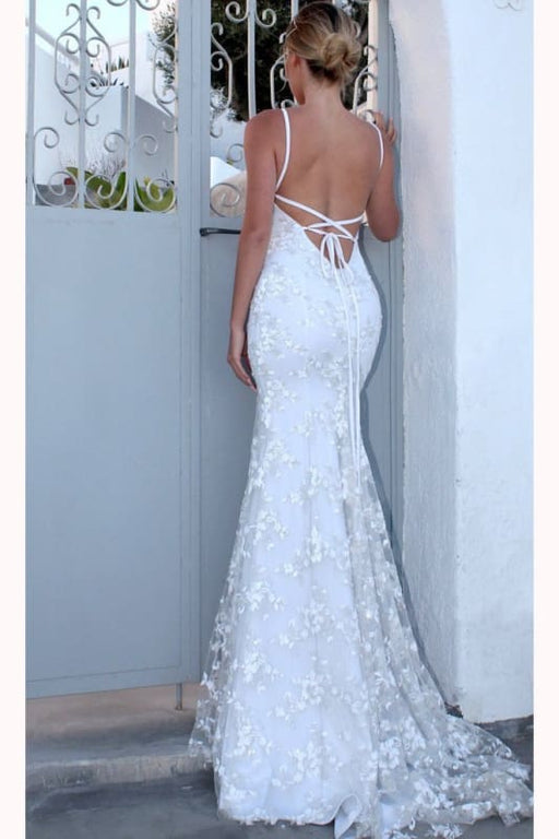 White Spaghetti Strap V Neck Mermaid Sexy Backless Lace Prom Dress - Prom Dresses