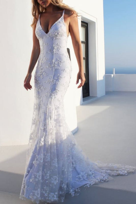 White Spaghetti Strap V Neck Mermaid Sexy Backless Lace Prom Dress - Prom Dresses