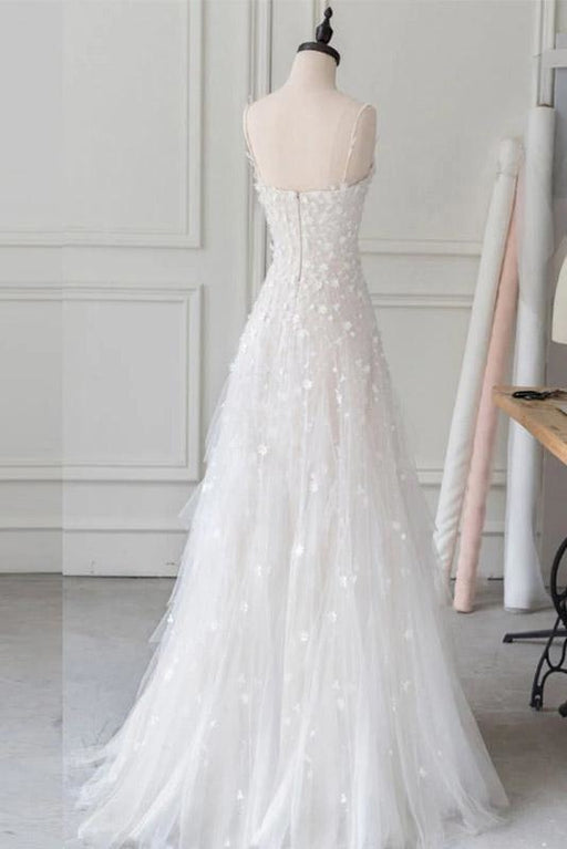 White Spaghetti Straps Lace Tulle Evening Floor Length Prom Dress with Beads - Prom Dresses