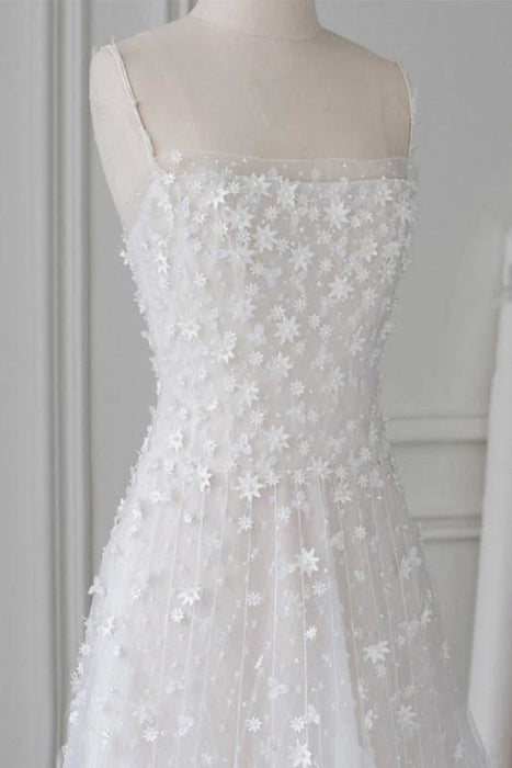 White Spaghetti Straps Lace Tulle Evening Floor Length Prom Dress with Beads - Prom Dresses