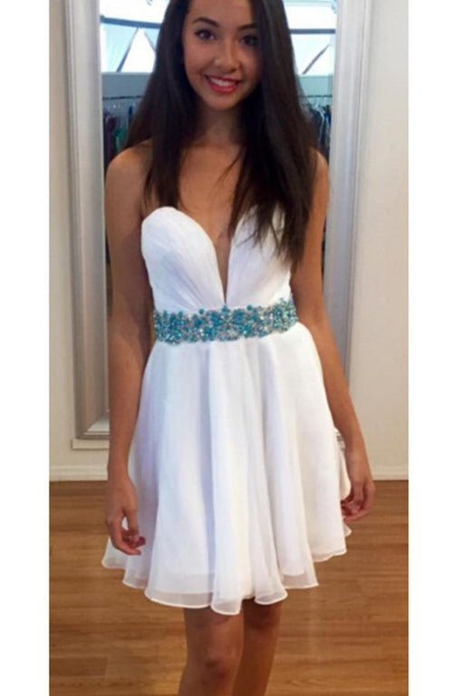 White Sweetheart Cheap Chiffon Short A Line Homecoming Dress with Beading Belt - Prom Dresses