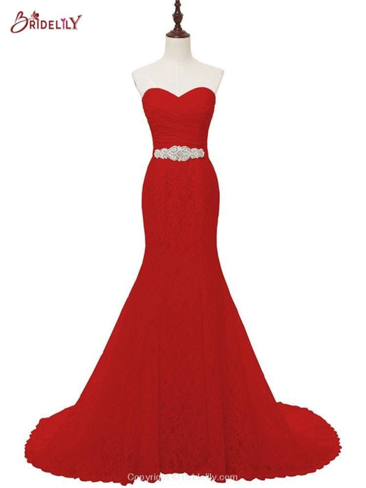 White Sweetheart Lace Mermaid Sash Wedding Dresses - Red / Train Length-100cm - wedding dresses