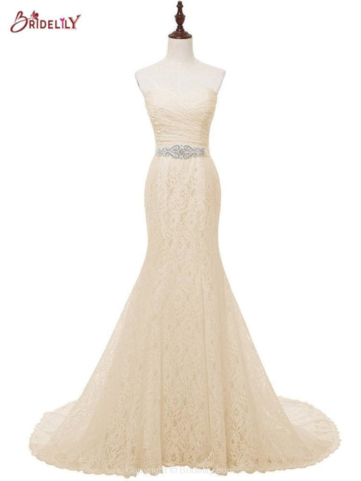 White Sweetheart Lace Mermaid Sash Wedding Dresses - Champagne / Train Length-100cm - wedding dresses