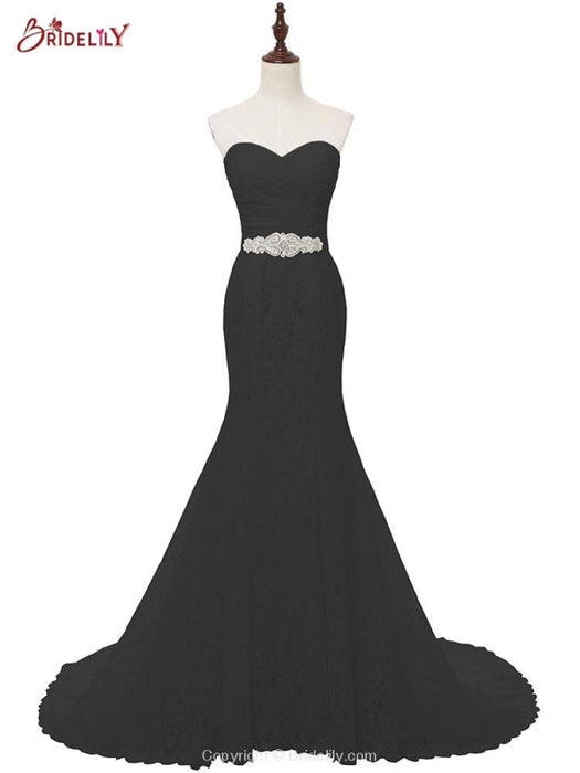 White Sweetheart Lace Mermaid Sash Wedding Dresses - Black / Train Length-100cm - wedding dresses