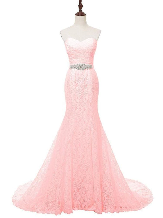 White Sweetheart Lace Mermaid Sash Wedding Dresses - Pink / Train Length-100cm - wedding dresses