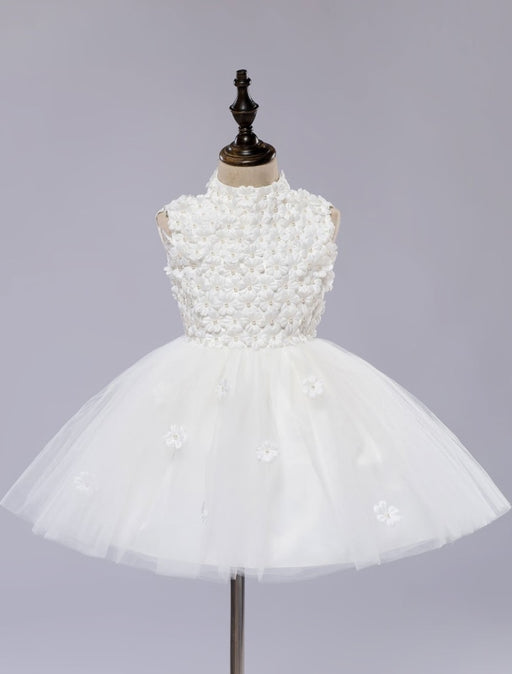 Flower Girl's Dress White Toddler's Pageant Tutu Dress With Lace Flower Applique