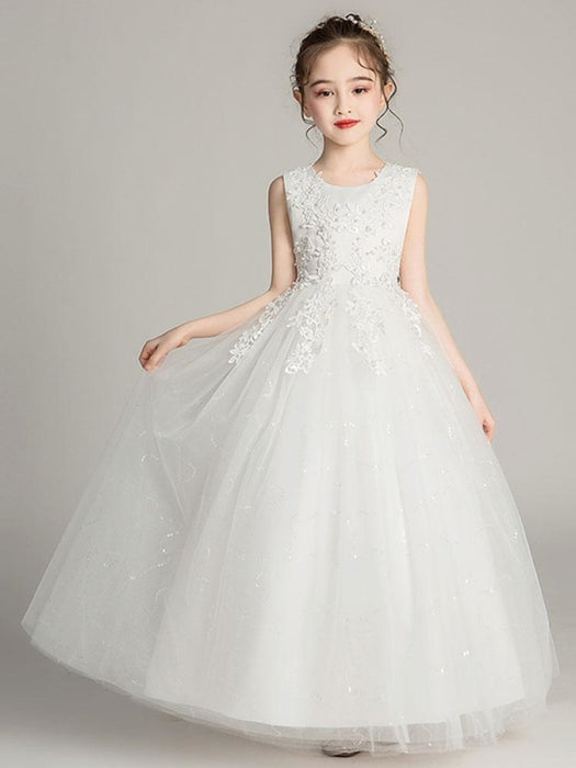 Flower Girl Dresses Jewel Neck Tulle Sleeveless Ankle Length Princess Silhouette Embroidered Kids Party Dresses