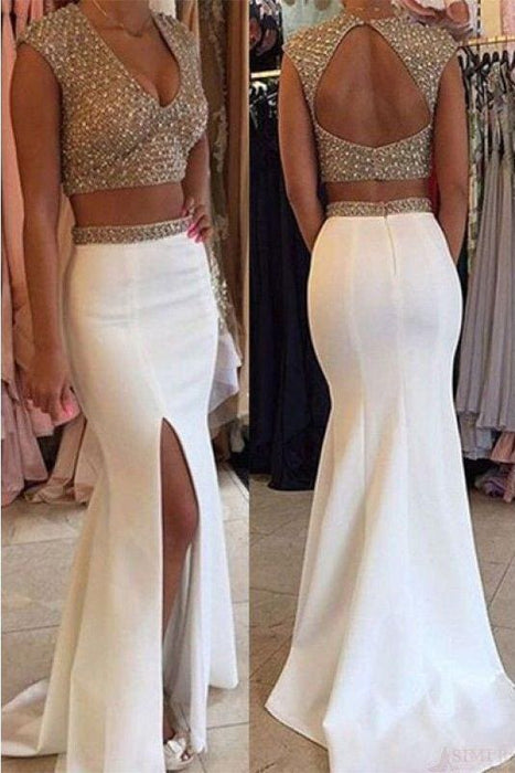 White Two Piece V Neck Mermaid Split Beading Prom Open Back Formal Dresses - Prom Dresses
