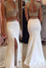 White Two Piece V Neck Mermaid Split Beading Prom Open Back Formal Dresses - Prom Dresses