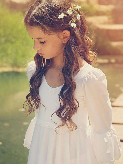 White Flower Girl Dresses V-Neck Long Sleeves Formal Kids Pageant Dresses