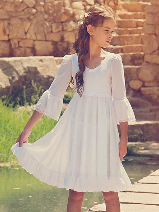 White Flower Girl Dresses V-Neck Long Sleeves Formal Kids Pageant Dresses
