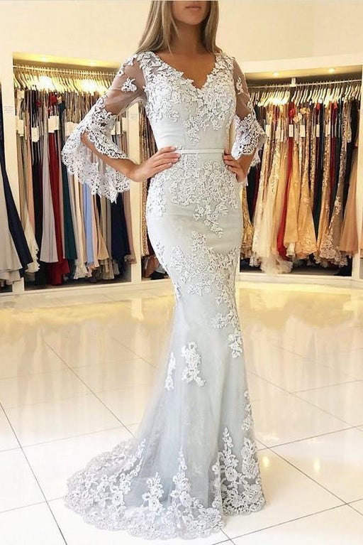 White V Neck Long Prom Mermaid Lace Appliqued Evening Dress - Prom Dresses