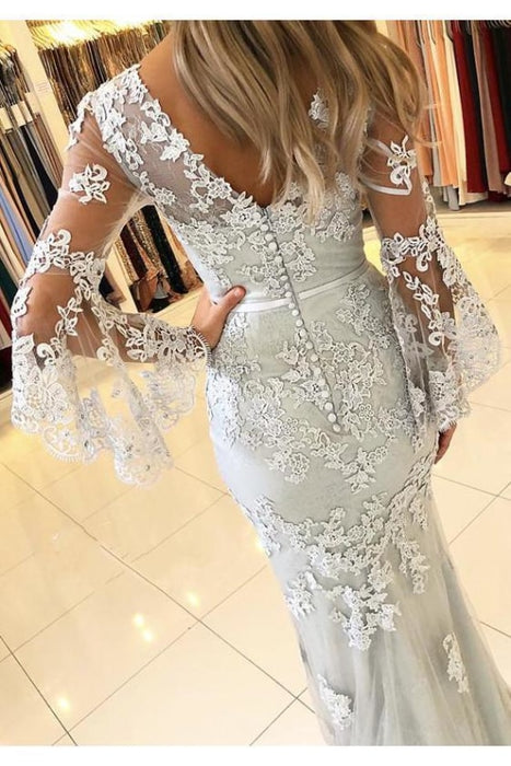 White V Neck Long Prom Mermaid Lace Appliqued Evening Dress with Sleeves - Prom Dresses