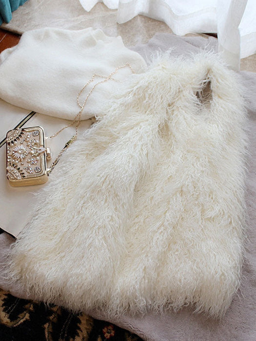 White Vest Faux Fur Sleeveless Chic Polyester Vest for Women