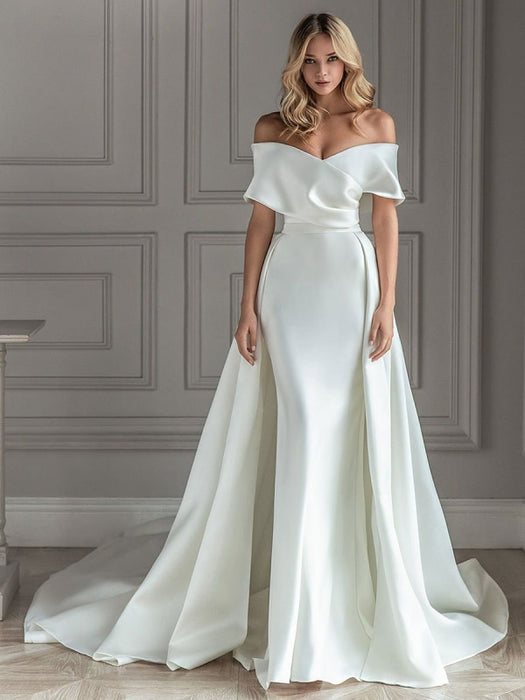 Buy A line White Satin Wedding Dresses with Tulle Appliques Spaghetti  Straps Bridal Dress JS719 Online – jolilis