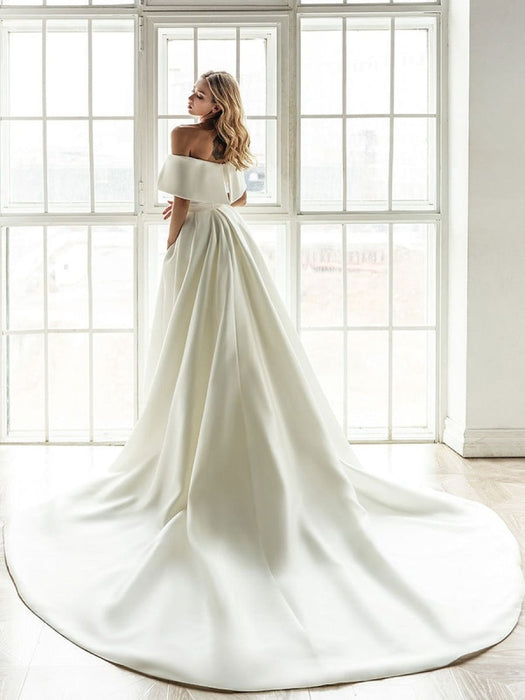 White Vintage Wedding Dress Train Satin Off Shoulder Wedding — Bridelily