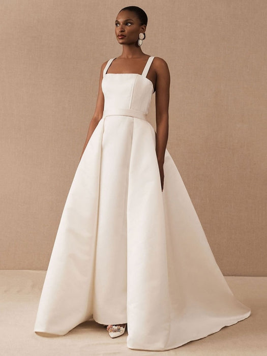 White Vintage Wedding Dresses Strapless Sleeveless Natural Waist Satin Fabric Floor-Length Bridal Gowns
