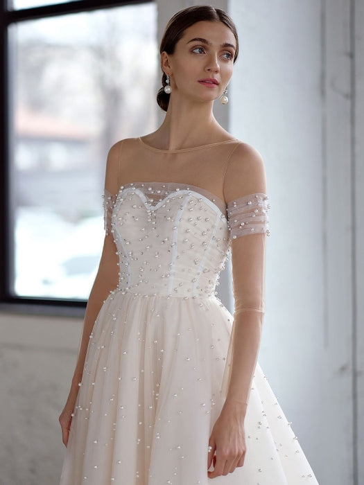 White Wedding Dress A-Line Bridal Gowns Beaded Tulle Wedding Dress