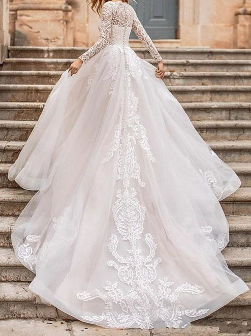 White Wedding Dress A Line Illusion Neckline Long Sleeves Applique With Chapel Train Bridal Gowns