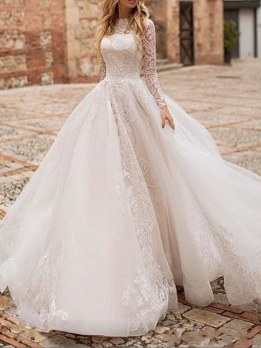White Wedding Dress A Line Illusion Neckline Long Sleeves Applique Wit —  Bridelily
