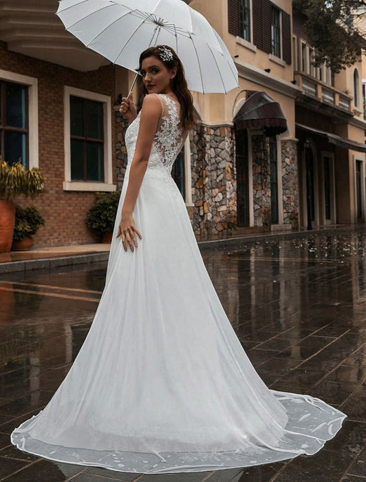 White Wedding Dress Illusion Neckline Sleeveless Applique Chiffon Floor Length Bridal Gowns Train Dress