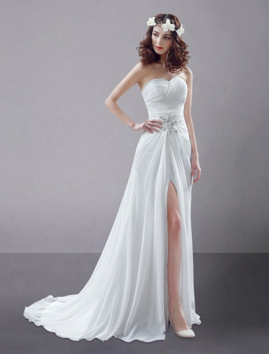 White Wedding Dress Strapless Twisted Split Rhinestone Chiffon Wedding Gown