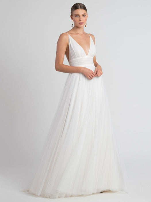 White Wedding Dress V-Neck Sleeveless With Train Natural Waist Backless Long Bridal Dresses