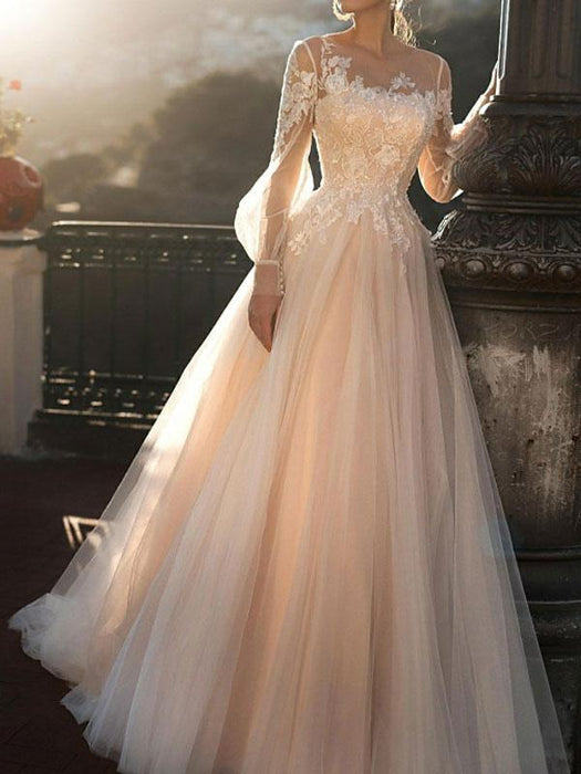 A-line Court Train Long Sleeves White Wedding Dresses-Bridelily A-line Court Train Long Sleeves White Wedding Dresses-Bridelily